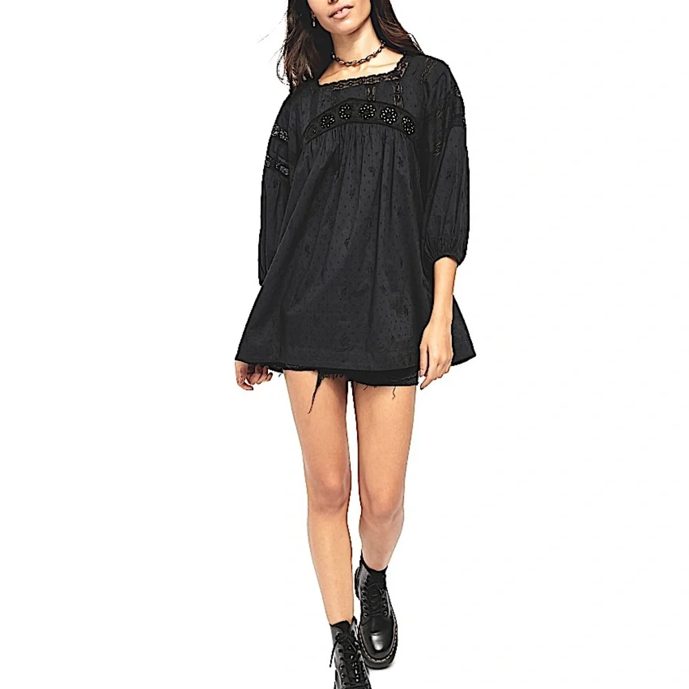 Free People Azelea Lace Tunic Embroidered Top Washed Black Size XS NWT - Picture 2 of 5
